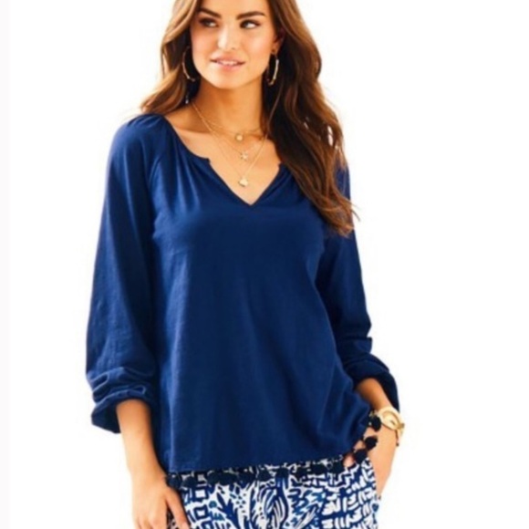 Lilly Pulitzer Tops - Lilly Pulitzer Linzy Tassel Fringe Tunic Shirt Navy Blue Cotton XS D